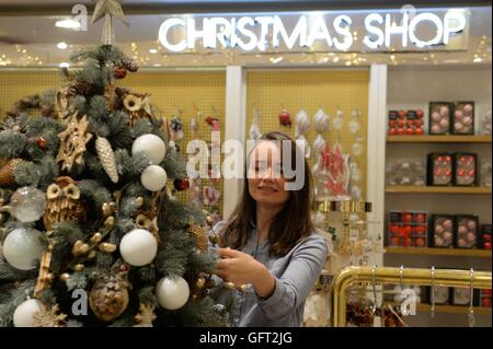 Selfridges open their Christmas shop at the flagship store on Oxford Street, London, as the department store say it is the first shop in the world to do so this early in the year and on the first day of August. Stock Photo