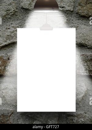 Close-up of one blank square frame hanged by clip with light against gray stone wall background Stock Photo