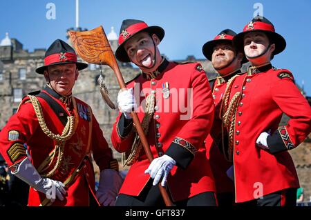 Members of the New Zealand Army band perform the Haka during the launch of the 2016 official programme for The Royal Edinburgh Military Tattoo, in the stands of the Esplanade at Edinburgh Castle in Edinburgh, Scotland. Stock Photo