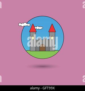 castle on a green hill, line icon style with color fill Stock Vector