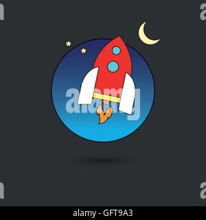 spaceship in the sky, line icon style with color fill Stock Vector