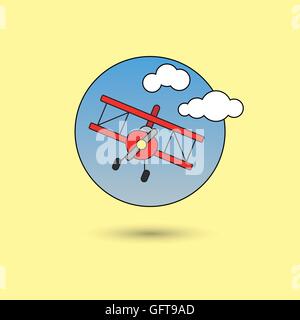 red biplane in the sky, line icon style with color fill Stock Vector