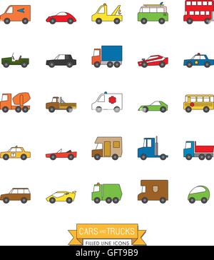 Cars, vans and other motor vehicles color filled line icon set Stock Vector