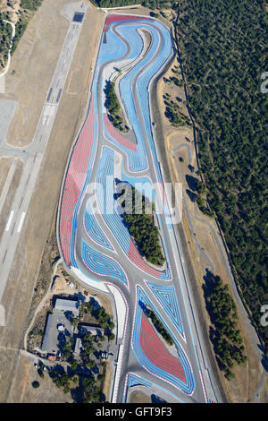 AERIAL VIEW. Le Castellet race track aka Paul Ricard race track with its blue and red run-off zones. Le Castellet, Var, Provence, France. Stock Photo