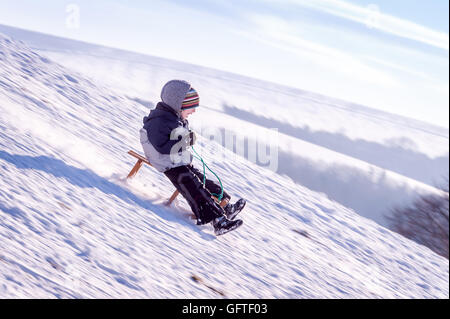 Children sledging at Brighton's Stanmer Park after a pre-Christmas snowfall. Stock Photo