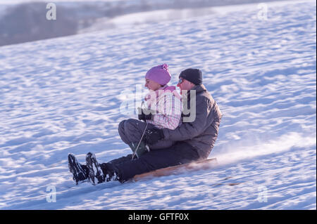 Children sledging at Brighton's Stanmer Park after a pre-Christmas snowfall. Stock Photo