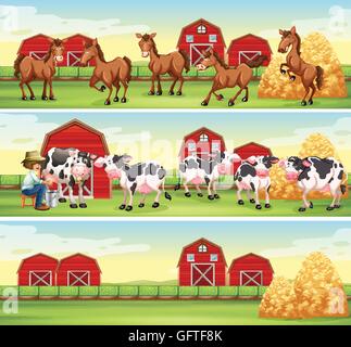 Scenes in the farm with farmer and animals illustration Stock Vector