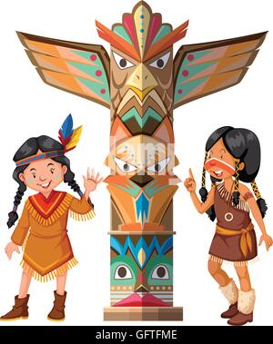 Two Red indians and totem pole illustration Stock Vector