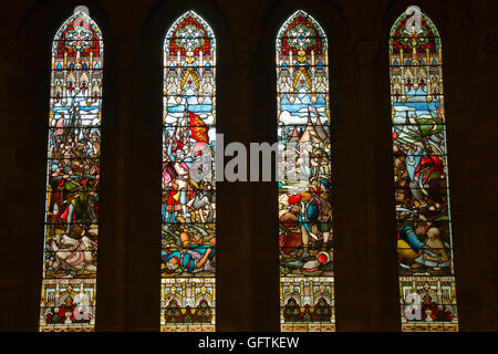 UK, England, Northamptonshire, Northampton, Church of Holy Sepulchre, Battle of Jaffa crusader stained glass windows Stock Photo