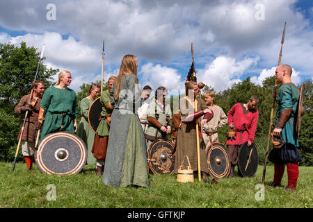 Battle reenactment at the worlds biggest Viking moot, Moesgaard, Århus Denmark Stock Photo