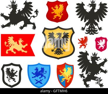 Shield with griffin, gryphon, eagle vector logo. Coat of arms, heraldry set icons Stock Vector