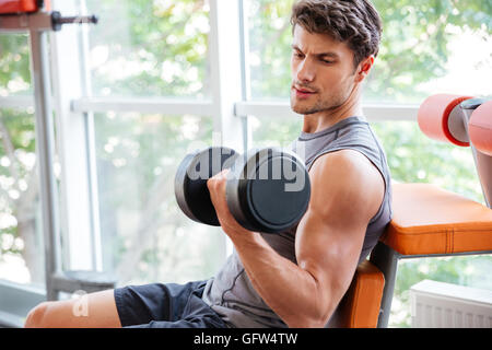 Concentrated young sportsman doing exercises for biceps using dumbbells in jym Stock Photo