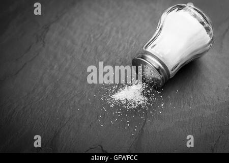 Salt shaker on slate board Stock Photo