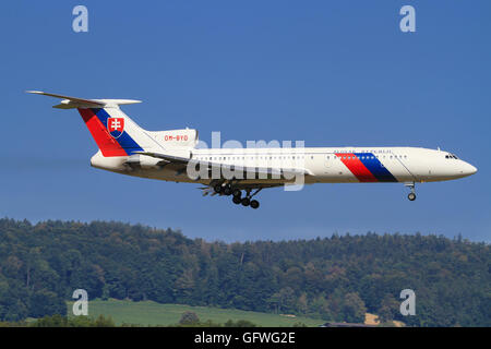 August 10, 2014: Polish Air Force Tupolev Tu-154M landing at Zurich Airport. Stock Photo