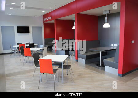 A smart staff welfare area in a new factory showing seating and space for eating and relaxing Stock Photo