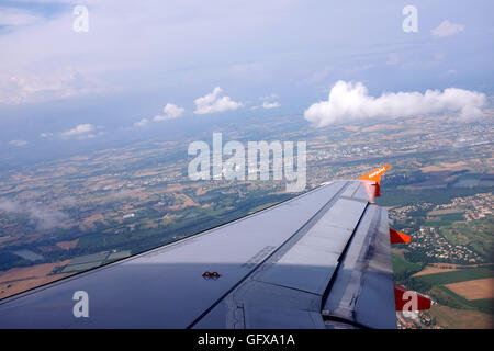 Easy Jet plane flying over Le Lot and Dordogne Regions of France July 2016 Stock Photo