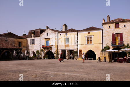 The famous square in beautiful  bastide of Monpazier is one of 'Plus beaux villages de France' in the Dordogne Region Stock Photo