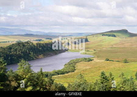 View from Hadrian's Wall looking west from Hotbank Crags towards Crag Lough and Steel Rigg, Northumberland, England, UK Stock Photo