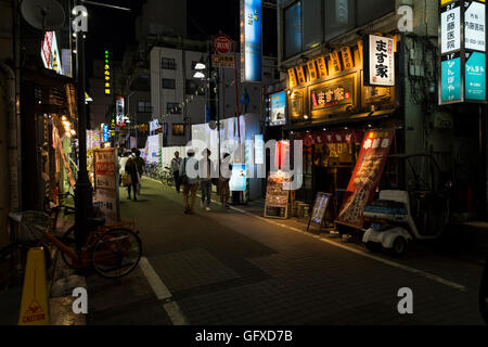 Nightlife with illuminated advertising in the side streets around the Ueno train station in Tokyo, Japan Stock Photo