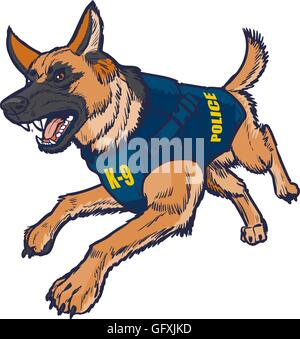 Vector cartoon clip art illustration of a police K9 german shepherd dog with a bulletproof vest running toward the viewer Stock Vector