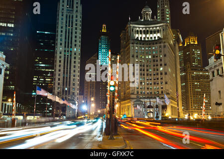 Michigan Avenue in Chicago. Image of busy traffic at Chicago night street. Stock Photo