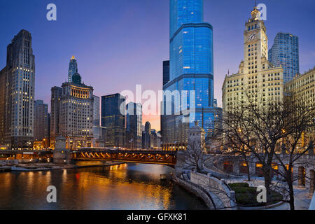 Chicago riverside. Image of Chicago downtown district at twilight. Stock Photo