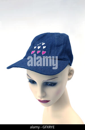 Denim Baseball Cap With Pink Hearts Stock Photo