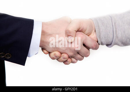 Multiracial handshake between african and a caucasian business man, isolated on white Stock Photo