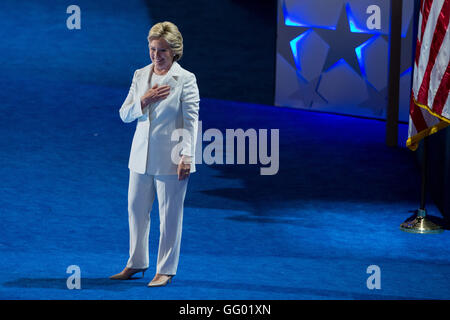 Philadelphia, Pennsylvania, USA. 28th July, 2016. U.S. Democratic Presidential Candidate Hillary Clinton takes the stage on the last day of the 2016 U.S. Democratic National Convention at Wells Fargo Center, Philadelphia, Pennsylvania, the United States on July 28, 2016. Former U.S. Secretary of State Hillary Clinton has formally accepted the Democratic Party's nomination for president and pledged more economic opportunities for Americans and 'steady leadership.' © Li Muzi/Xinhua/Alamy Live News Stock Photo