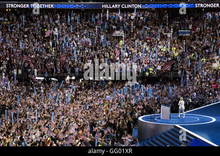 Philadelphia, Pennsylvania, USA. 28th July, 2016. U.S. Democratic Presidential Candidate Hillary Clinton takes the stage on the last day of the 2016 U.S. Democratic National Convention at Wells Fargo Center, Philadelphia, Pennsylvania, the United States on July 28, 2016. Former U.S. Secretary of State Hillary Clinton has formally accepted the U.S. Democratic Party's nomination for president and pledged more economic opportunities for Americans and 'steady leadership '. © Li Muzi/Xinhua/Alamy Live News Stock Photo