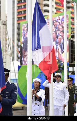 Rio De Janeiro, Brazil. 2nd Aug, 2016. The national flag of France is raised at the Olympic village in Rio de Janeiro, Brazil, on Aug. 2, 2016. © Yue Yuewei/Xinhua/Alamy Live News Stock Photo