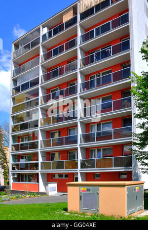 Modern construction of a residential house on the outskirts of Prague apartment building new facade insulation color yellow yellow white orange Stock Photo