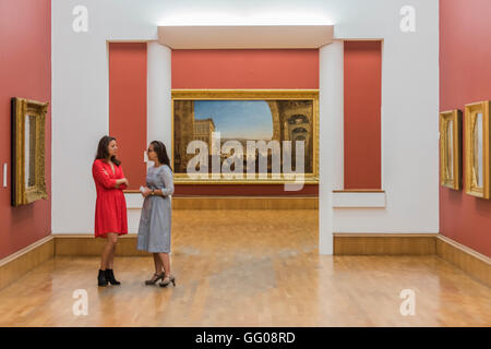 London, UK. 3rd August, 2016. Gallery staff get a preview of Rome, from the Vatican. Raffaelle, Accompanied by La Fornarina, Preparing his Pictures for the Decoration of the Loggia - Works by JMW Turner, which have returned home to the Clore Gallery of the Tate Britain following a major international tour to the USA and Canada. Highlights include: Norham Castle – Sunrise: a much-loved painting from late in Turner’s career, showing an atmospheric vision of the British landscape bathed in sunlight; Peace – Burial at Sea: Credit:  Guy Bell/Alamy Live News Stock Photo