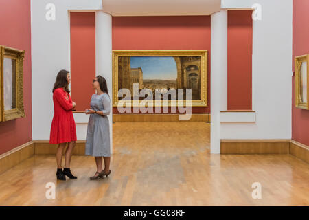 London, UK. 3rd August, 2016. Gallery staff get a preview ofRome, from the Vatican. Raffaelle, Accompanied by La Fornarina, Preparing his Pictures for the Decoration of the Loggia - Works by JMW Turner, which have returned home to the Clore Gallery of the Tate Britain following a major international tour to the USA and Canada. Highlights include: Norham Castle – Sunrise: a much-loved painting from late in Turner’s career, showing an atmospheric vision of the British landscape bathed in sunlight; Peace – Burial at Sea: Credit:  Guy Bell/Alamy Live News Stock Photo