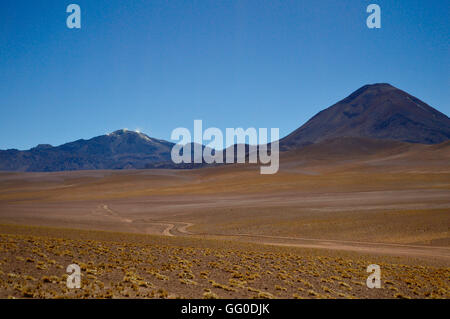 Dirt track and volcanoes in the Atacama Desert, northern Chile Stock Photo