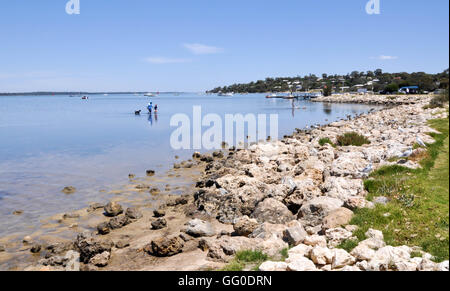 Mandurah,WA,Australia-December 20,2015:Families and pets in the shallow river waters with rocky foreshore in Mandurah, Western Australia. Stock Photo