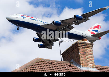 British Airways Boeing 747 ( G-BYGF Boeing 747-436) plane making final approach / landing at London Heathrow airport.