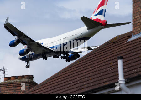 British Airways Boeing 747 ( G-BYGF Boeing 747-436) plane making final approach / landing at London Heathrow airport.