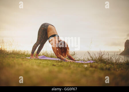 Side view shot of fitness woman doing yoga outdoors. Young female exercising in meadow. Adho mukha svanasana. Stock Photo