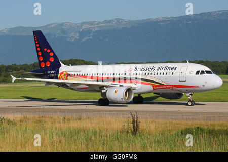 Genf/Switzerland August 23, 2015: A320 from Brussel Airways with 'Belgian Red Devils' colours at Genf Airport. Stock Photo