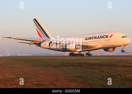 Paris/France October 9, 2015: Airbus A380 Air France Airways landing at Paris Airport. Stock Photo