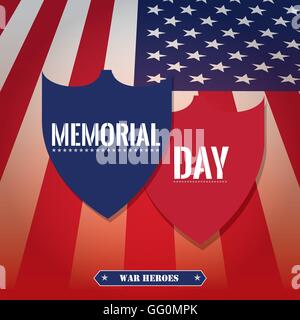 Colored background with a pair of heraldry shields and the american flag for memorial day Stock Vector