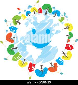 Isolated happy planet earth with different icons on a white background Stock Vector
