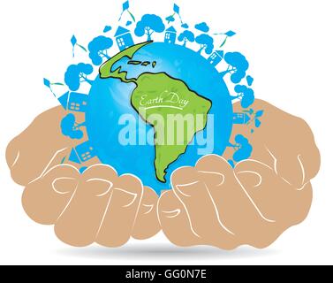 Pair of hands holding our planet with icons on a white background Stock Vector