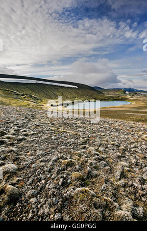 Mountain ridge, lake and lava field covered in moss, Veidivotn, Iceland Stock Photo
