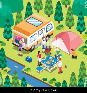flat 3d isometric design - camping in the nature Stock Vector