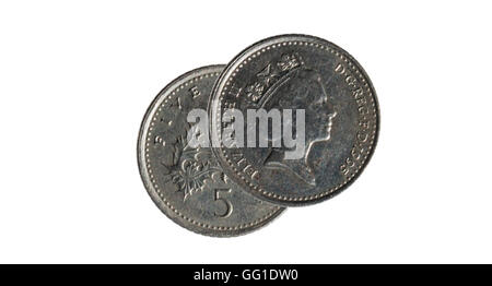 face and back of a coin of five pence coin on white background Stock Photo