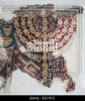 5892. El-Khirbe Samaritan synagogue (Samaria) dating from the 4th. C. AD. Detail of the Mosaic floor depicting the Candelabra (M Stock Photo