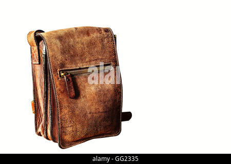 Old leather bag on a white background. Stock Photo