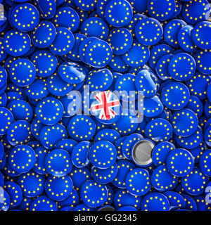 Brexit badges background / 3D illustration of shiny metallic badges with European Union flag and one with British flag Stock Photo
